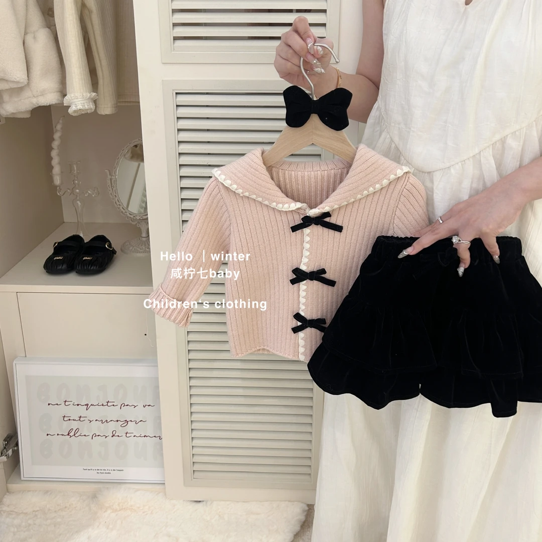 【现】女童秋冬装洋气套装2024新款小女孩蝴蝶结毛衣丝绒蛋糕短裙