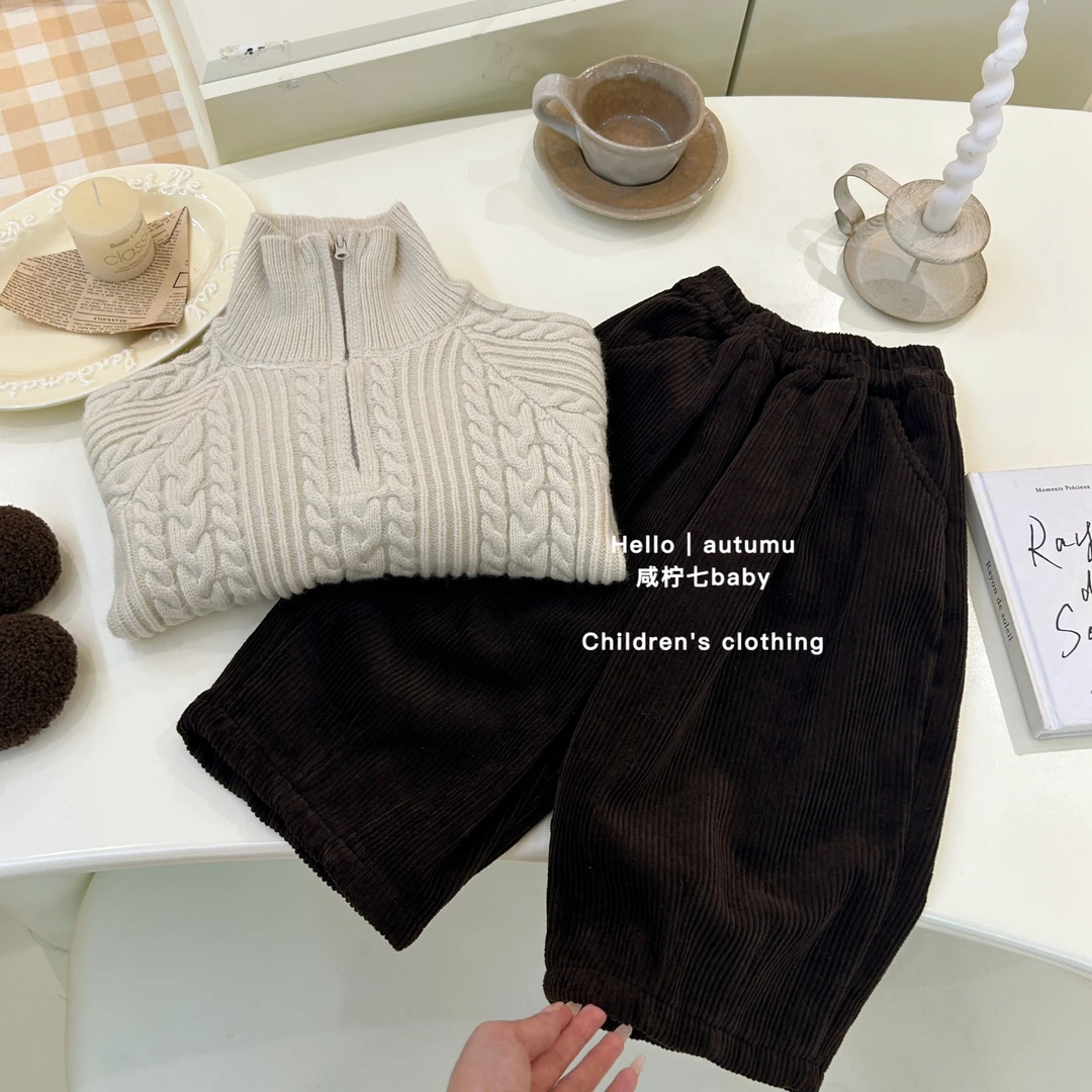 咸柠七儿童中性复古洋气时髦灯芯绒九分裤男女童加绒宽松裤