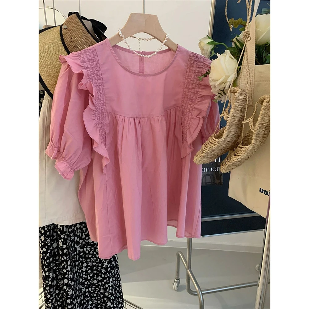 特大码300斤法式甜美粉色荷叶边娃娃衫上衣女胖MM显瘦超仙T恤夏