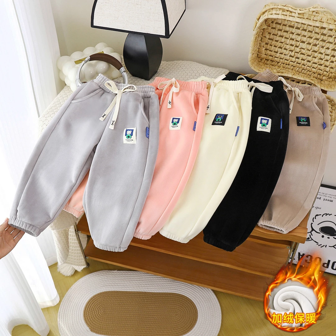 儿童加绒裤子女童加厚卫裤男童运动裤中大童外穿一体绒秋冬保暖裤