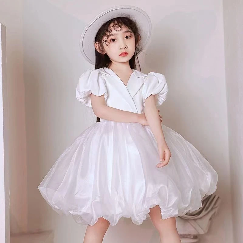 女童高端晚礼服儿童白色公主裙主持人模特走秀潮服钢琴演奏演出服