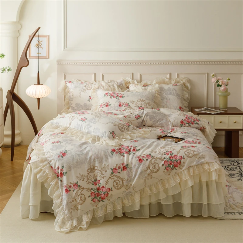 新款纯棉床裙四件套公主风韩式雪纺被罩被套少女心磨毛荷叶边加厚