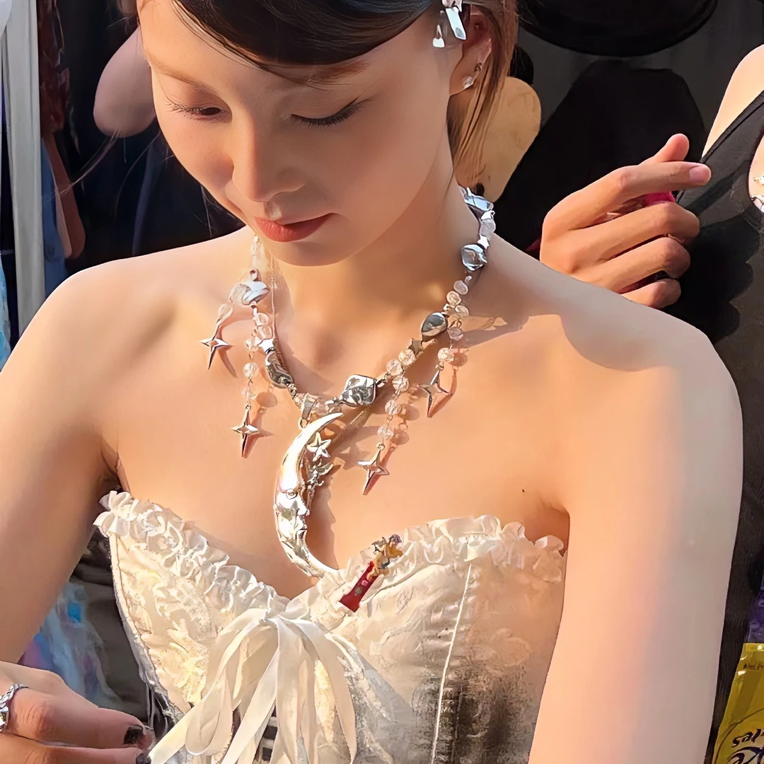 钛钢项链 困困5号摘星揽月少女设计感碎巴洛克星星月亮项链