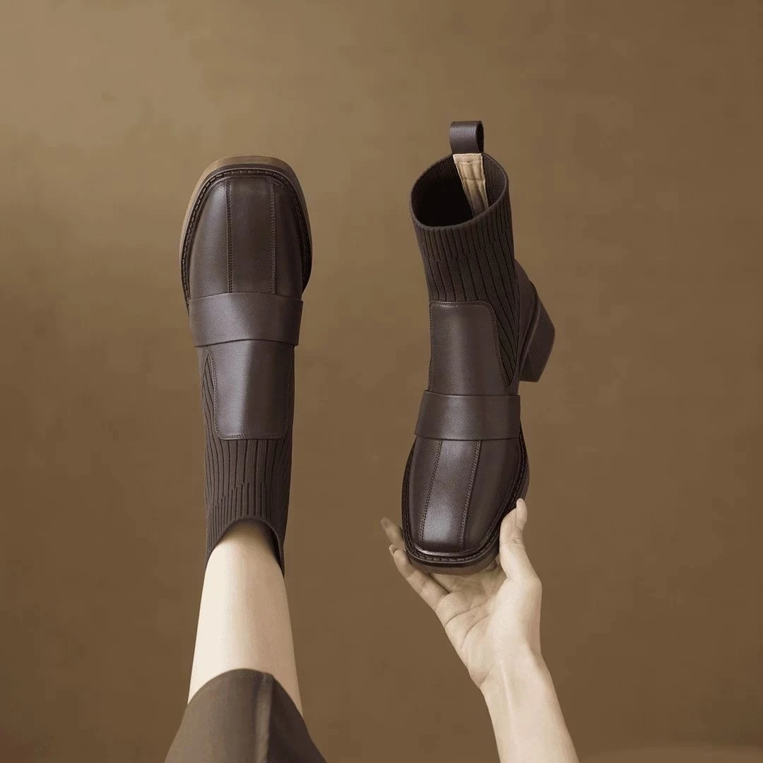 【翘颜品牌】英伦风时尚百搭高级感气质方根舒适软底软面短靴238