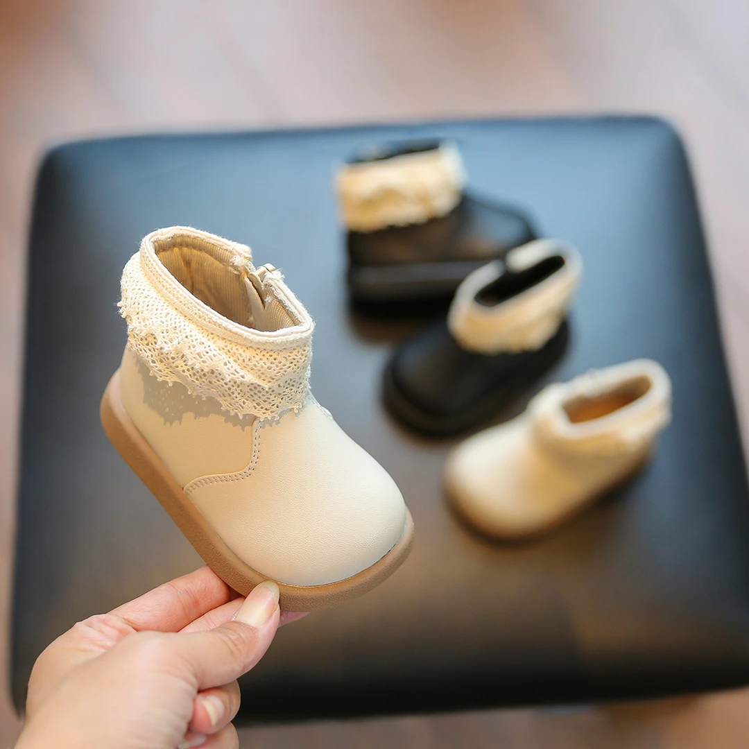 秋冬季新款单靴保暖舒适马丁靴帅气高帮防滑软底花边靴子女宝宝鞋