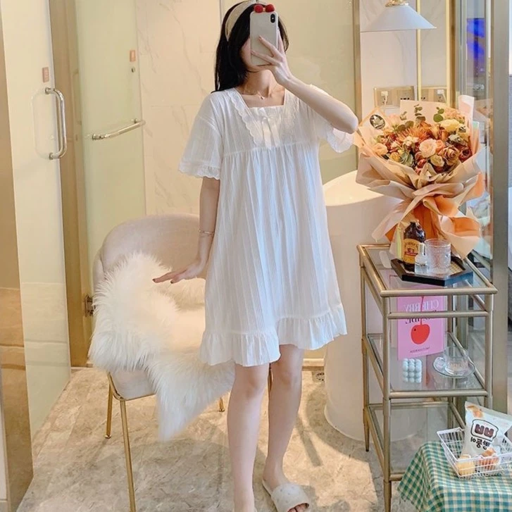 2025年新款夏季睡裙女纯棉短袖少女风甜美女士带胸垫可外穿家居服