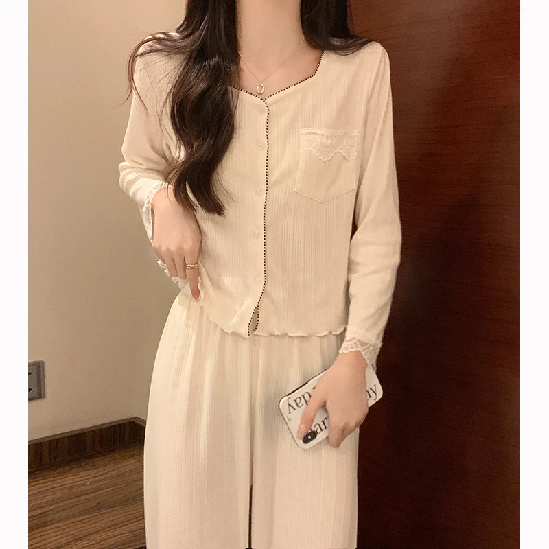 睡衣女春秋冬季薄款棉质长袖2025年新款网红风甜美杏色家居服套装
