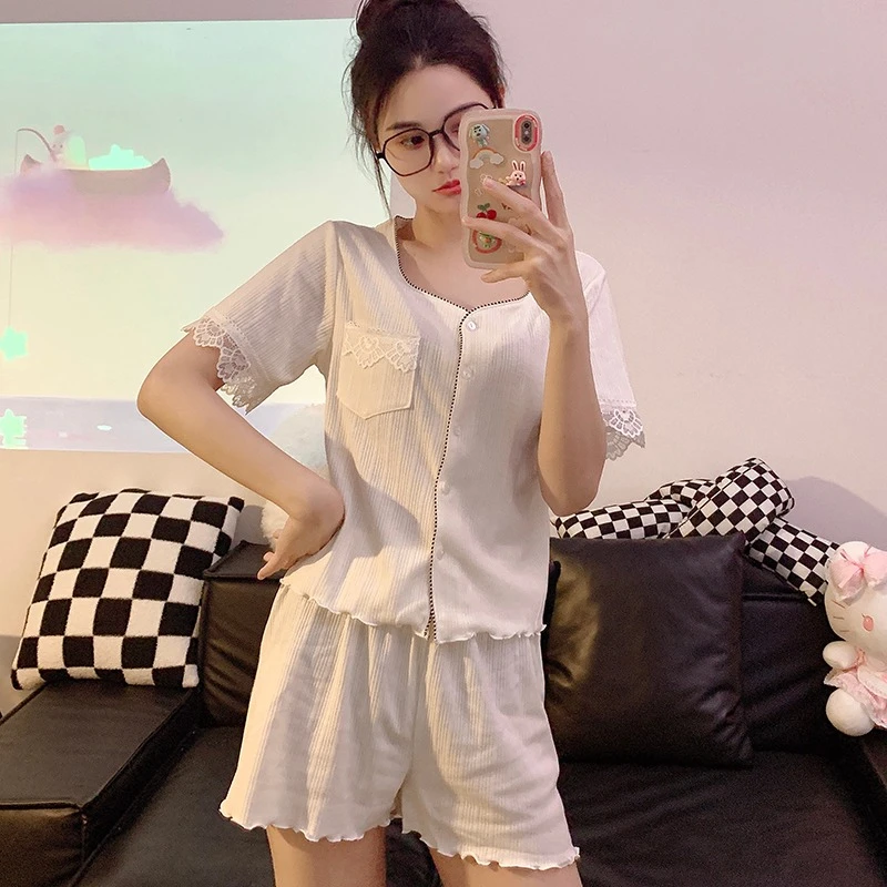 睡衣女夏季棉款短袖短裤小个子可外穿夏天薄款甜美休闲家居服套装