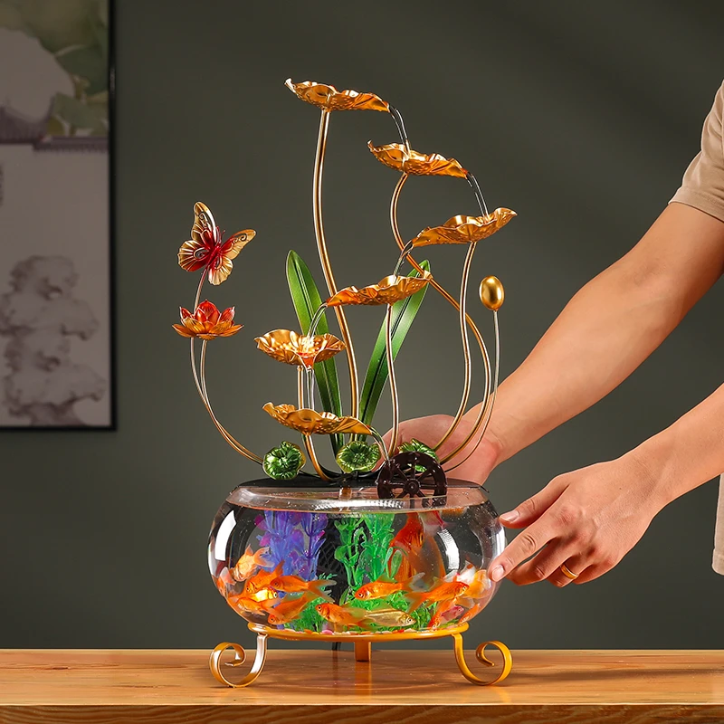 创意现代风简约特大号荷塘月色铁艺荷叶循环流水桌面摆件新