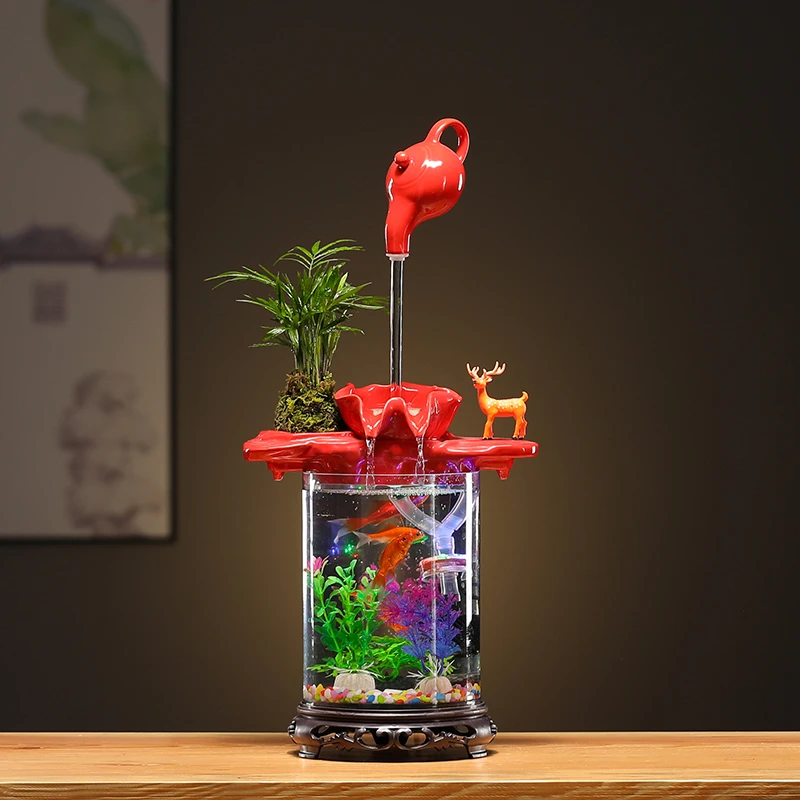 中式天福流水摆件玻璃大型鱼缸家居客厅桌面摆件送礼开业乔迁佳品