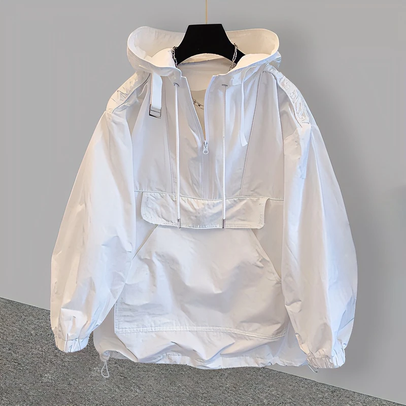 潮牌纯色连帽冲锋衣外套男女春秋款韩版潮流工装拼接休闲透气风衣