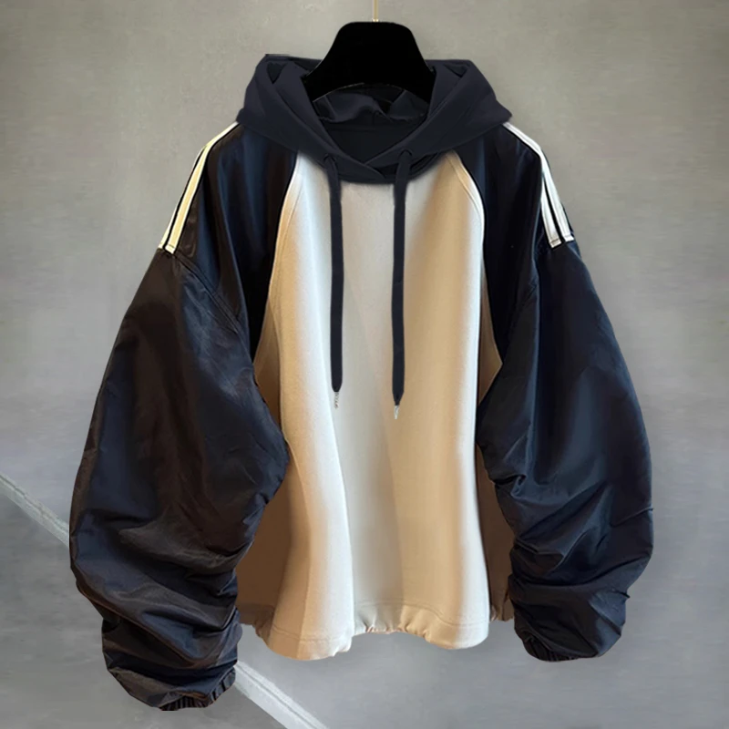 褶皱插肩袖连帽卫衣秋冬季男女同款韩版潮流条纹拼接宽松套头外套