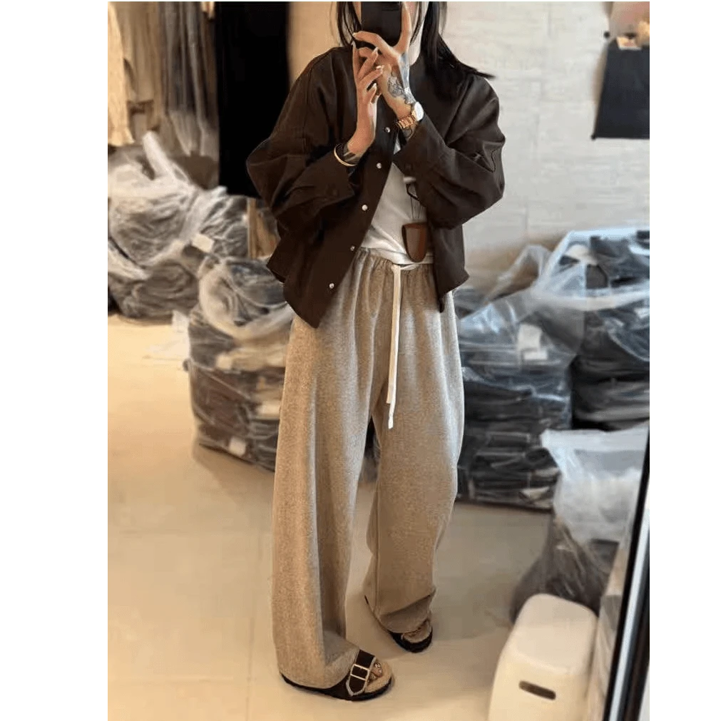 秋季新款韩版时尚休闲百搭绒面卫裤初秋松紧腰系带运动阔腿裤女