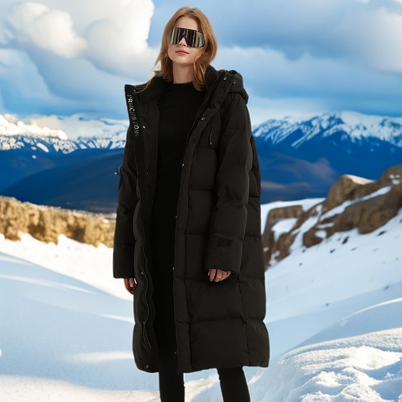 户外羽绒服男女同款黑色新款中长情侣过膝加厚宽松外套运动气质