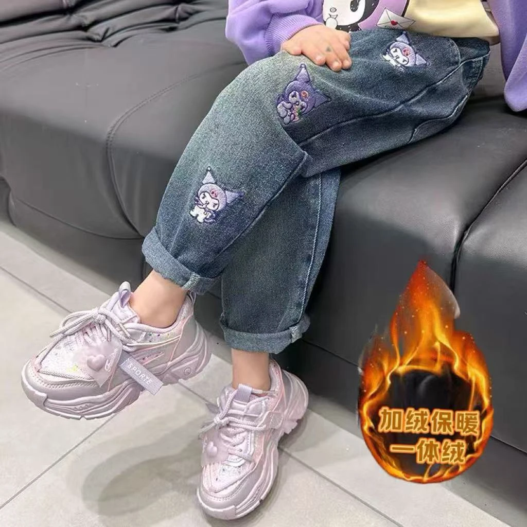 女童牛仔裤秋冬款加绒裤子中小童一体绒长裤休闲宽松女宝宝长裤