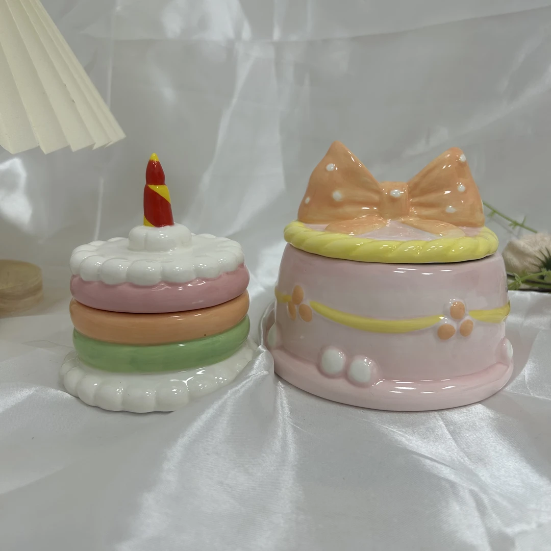 陶瓷工艺品摆件家居创意装饰品橙色小蛋糕加蜡烛小蛋糕