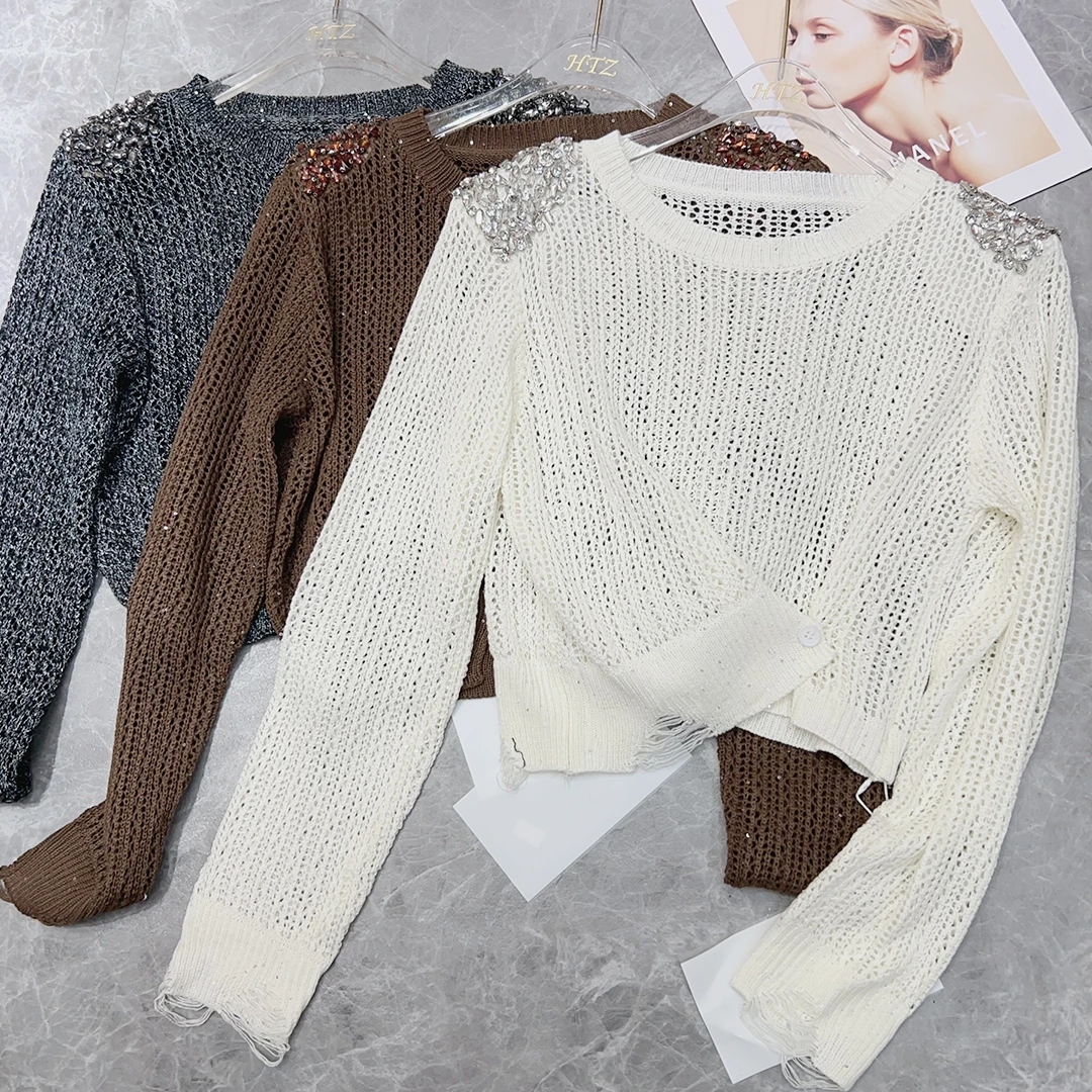 重工钉珠水钻不规则系扣设计宽松显瘦圆领长袖针织衫上衣  #9015