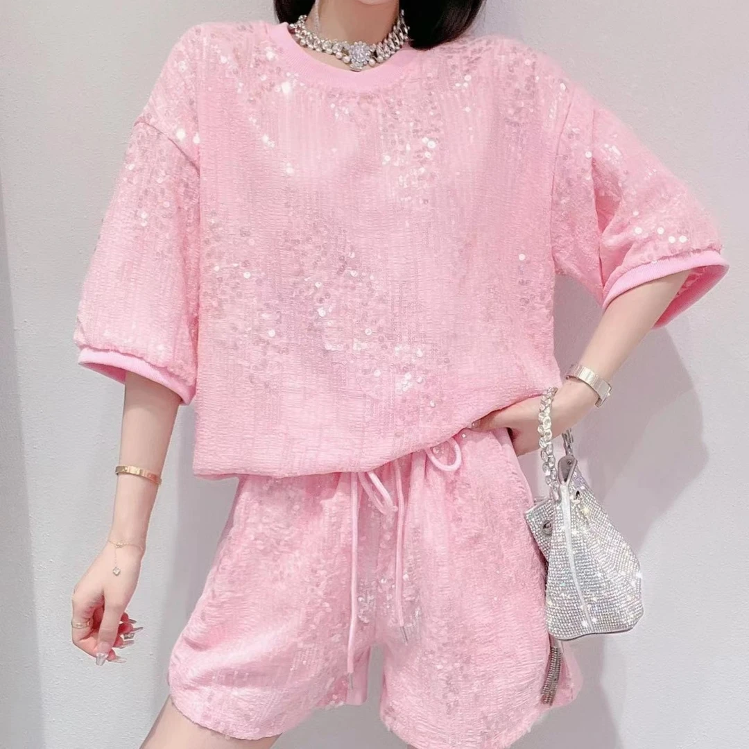 重工彩色闪闪亮片宽松显瘦短袖t恤上衣高腰休闲短裤两件套  #8421