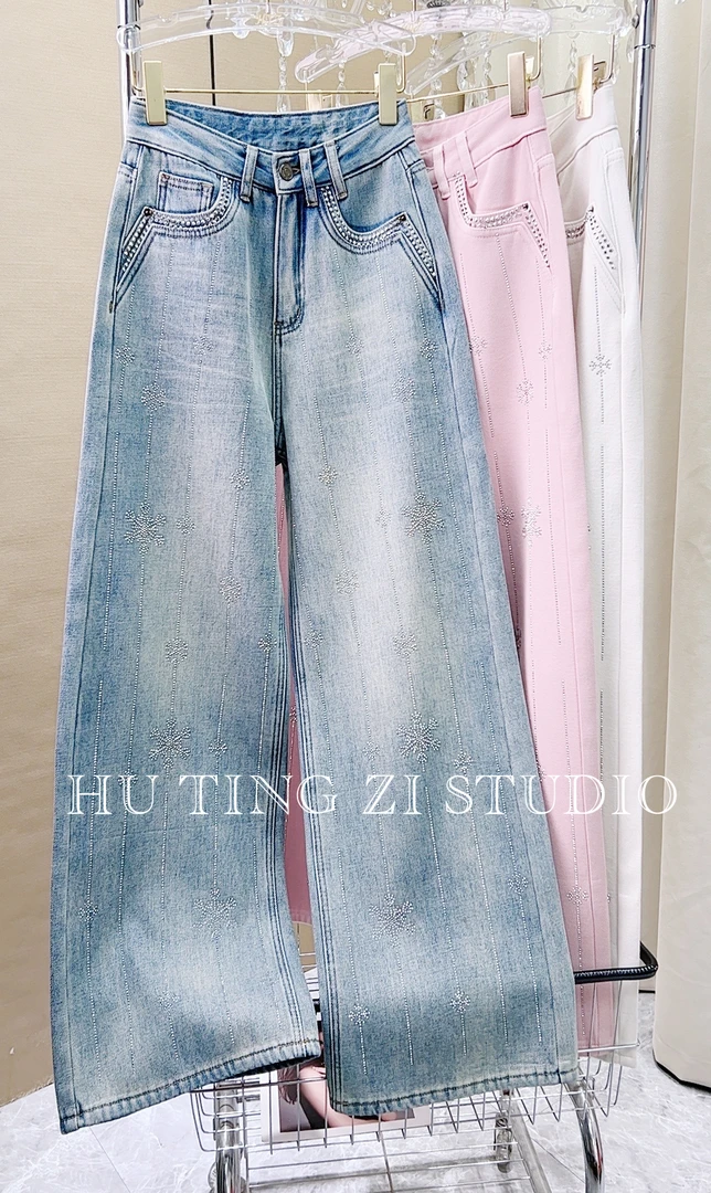 秋冬新款重工雪花闪闪烫钻宽松显瘦高腰加绒直筒阔腿牛仔裤 #9029