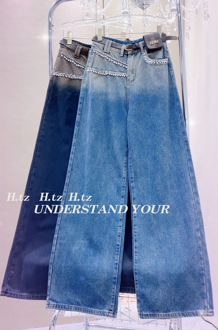 秋冬新款重工钉珠撞色渐变宽松显瘦高腰加绒阔腿牛仔裤  #8022