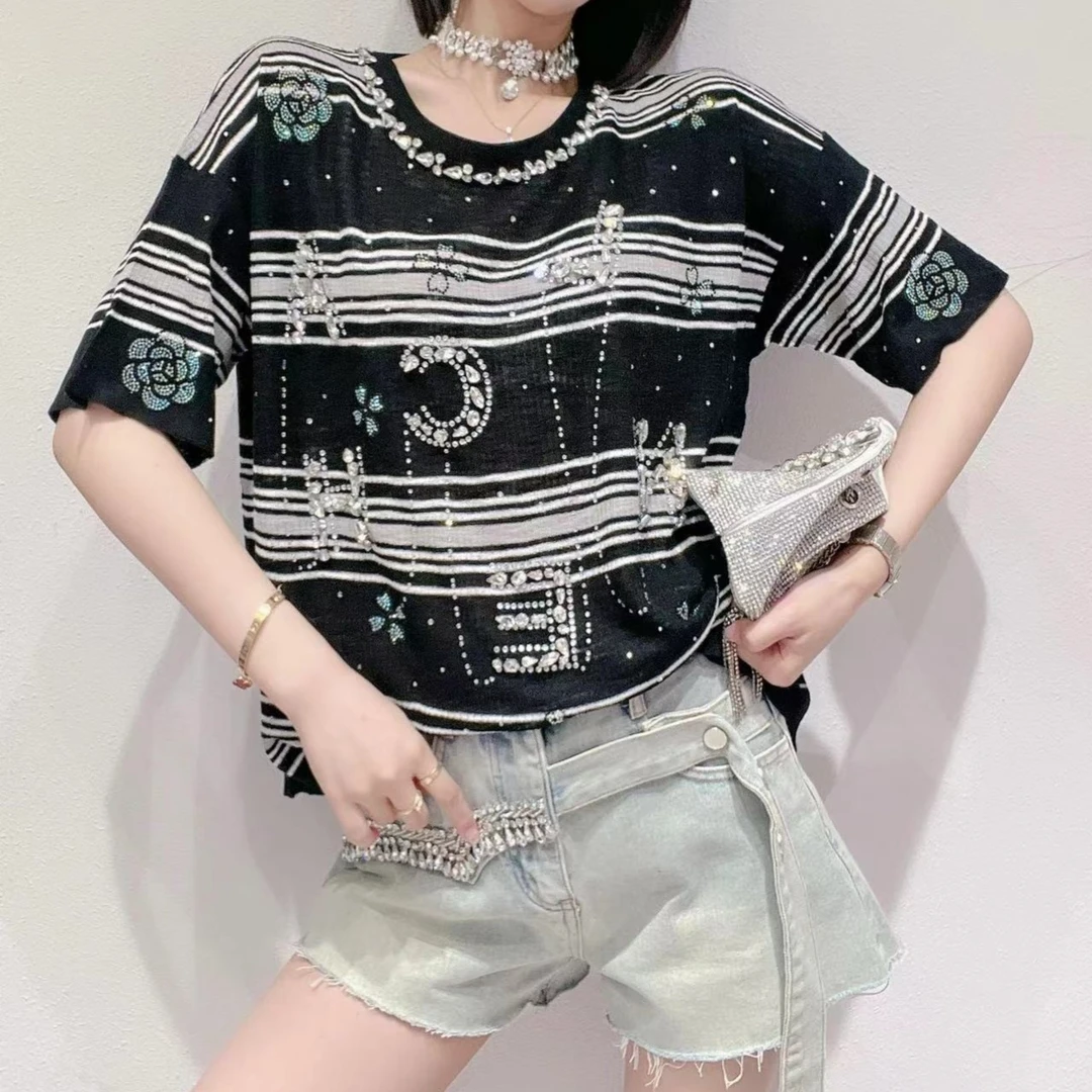 重工钉珠烫钻字母花朵条纹宽松显瘦冰丝短袖t恤上衣  #8432