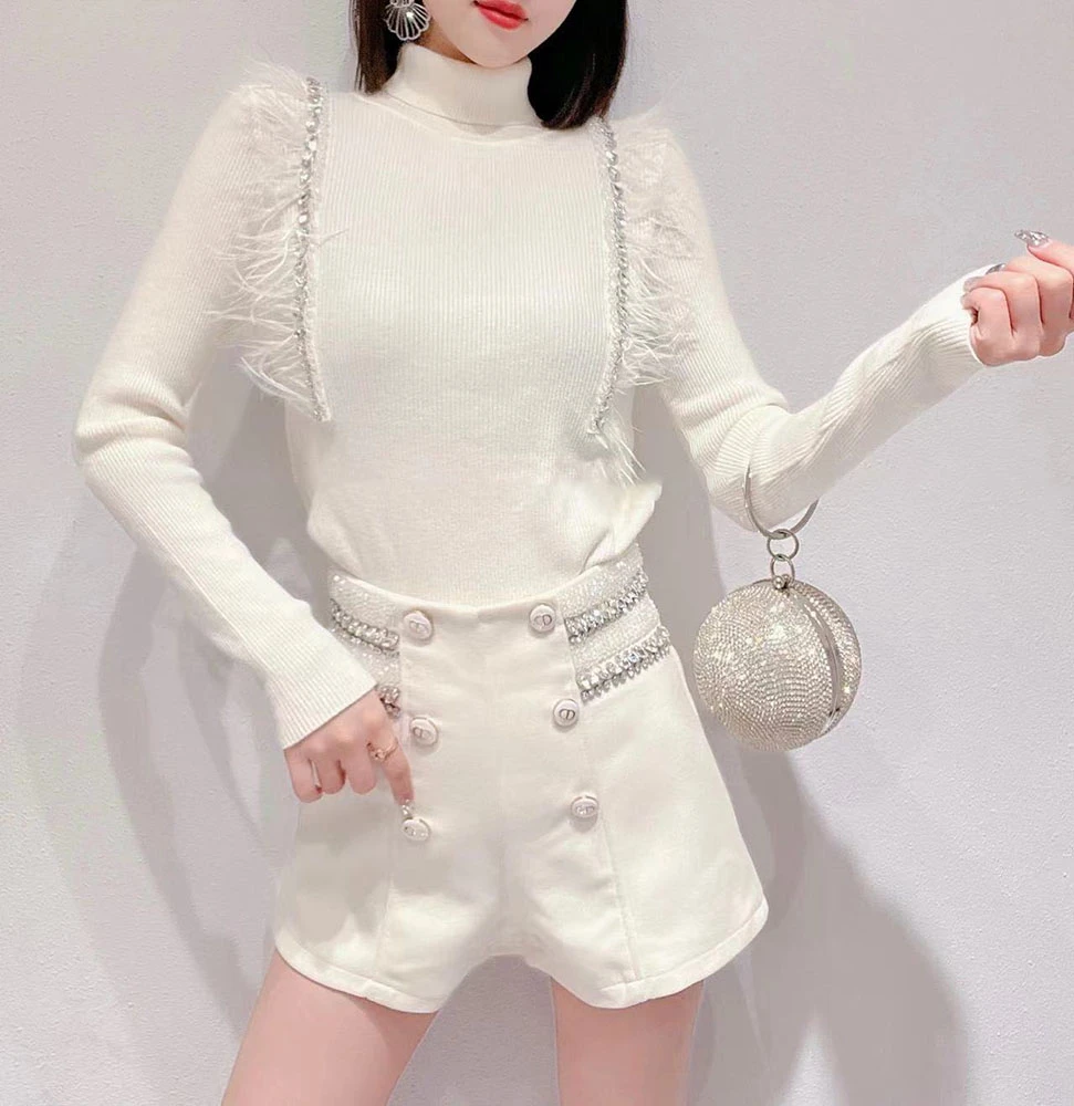 重工钉珠水钻羽毛拼接设计修身显瘦高领长袖针织衫  #8086