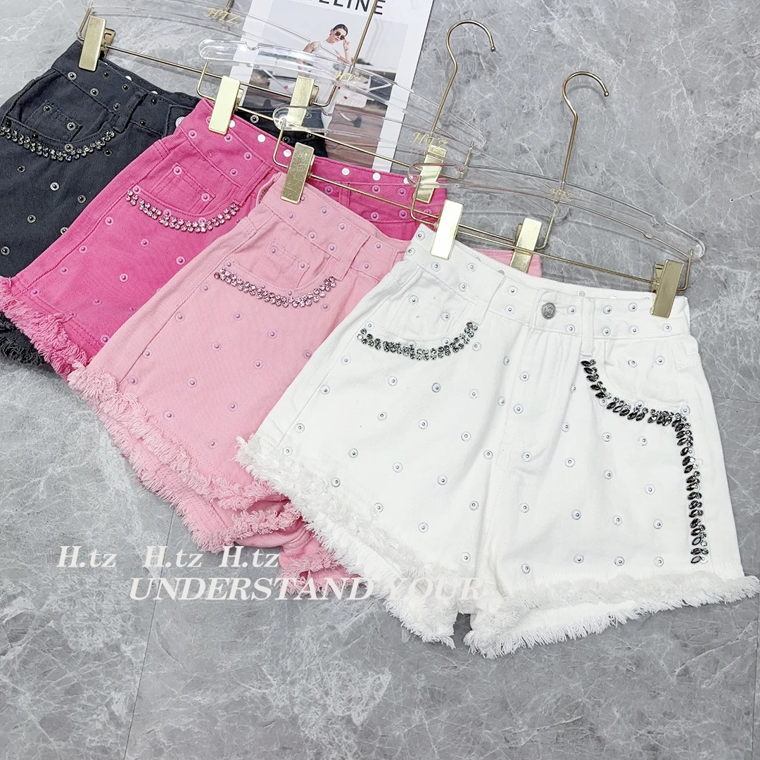 夏季新款重工钉珠水钻显瘦高腰a字阔腿热裤毛边牛仔短裤  #8197