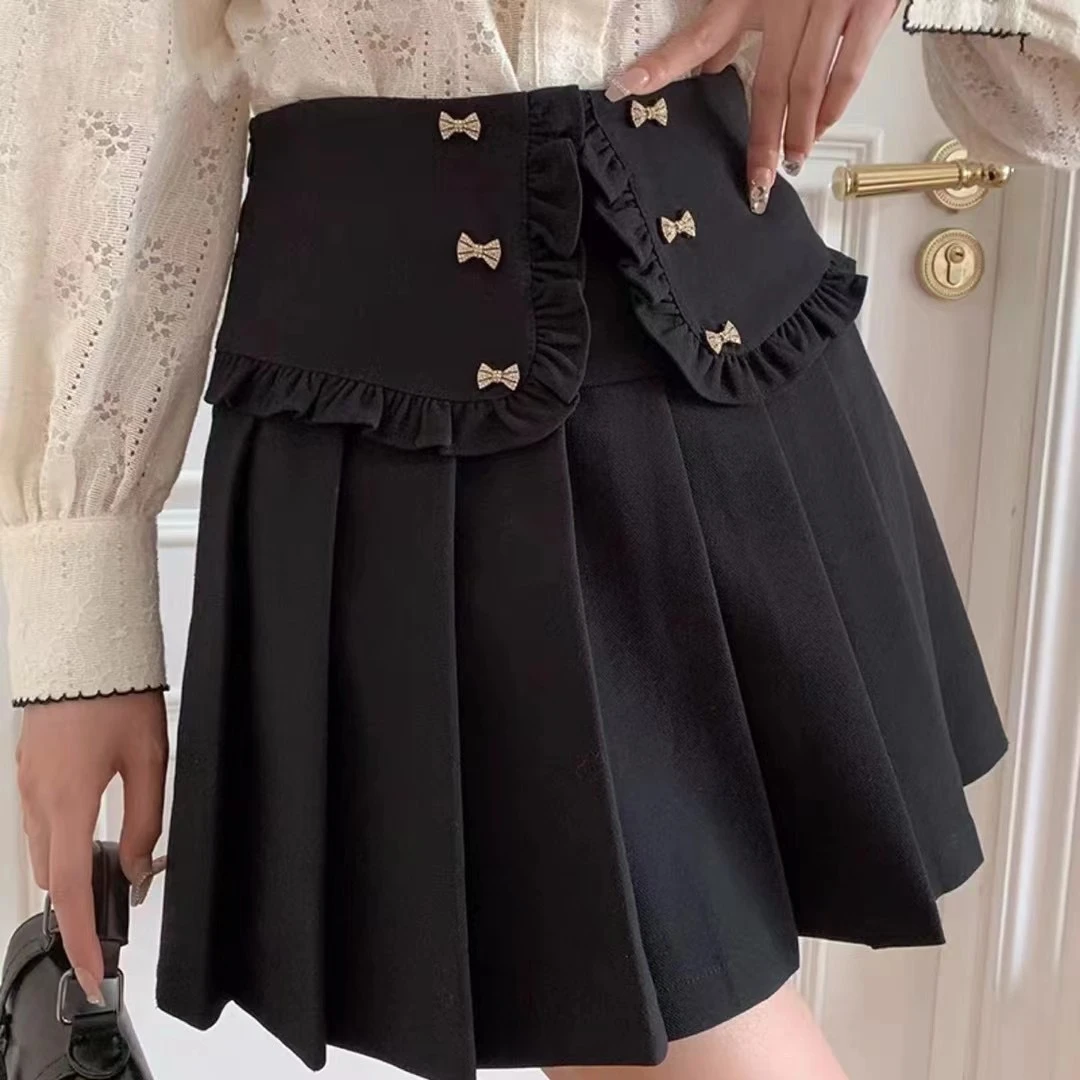 夏季新款重工钉珠蝴蝶结装饰设计修身显瘦高腰百褶裙短裙  #8094