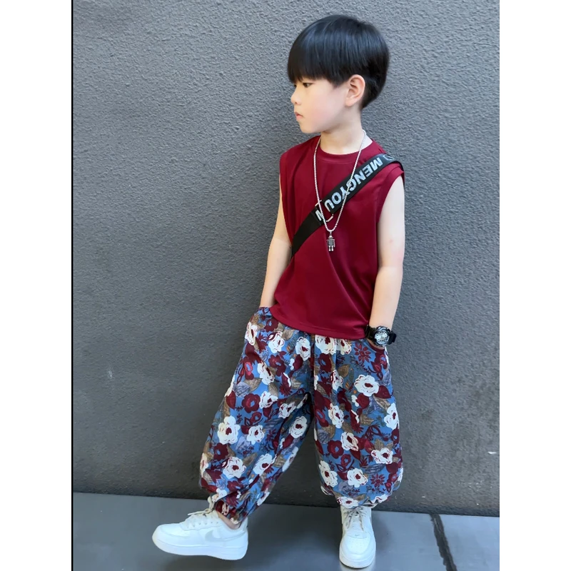 男童夏季薄款无袖套装2024新款中小童休闲背心防蚊裤两件套童装潮