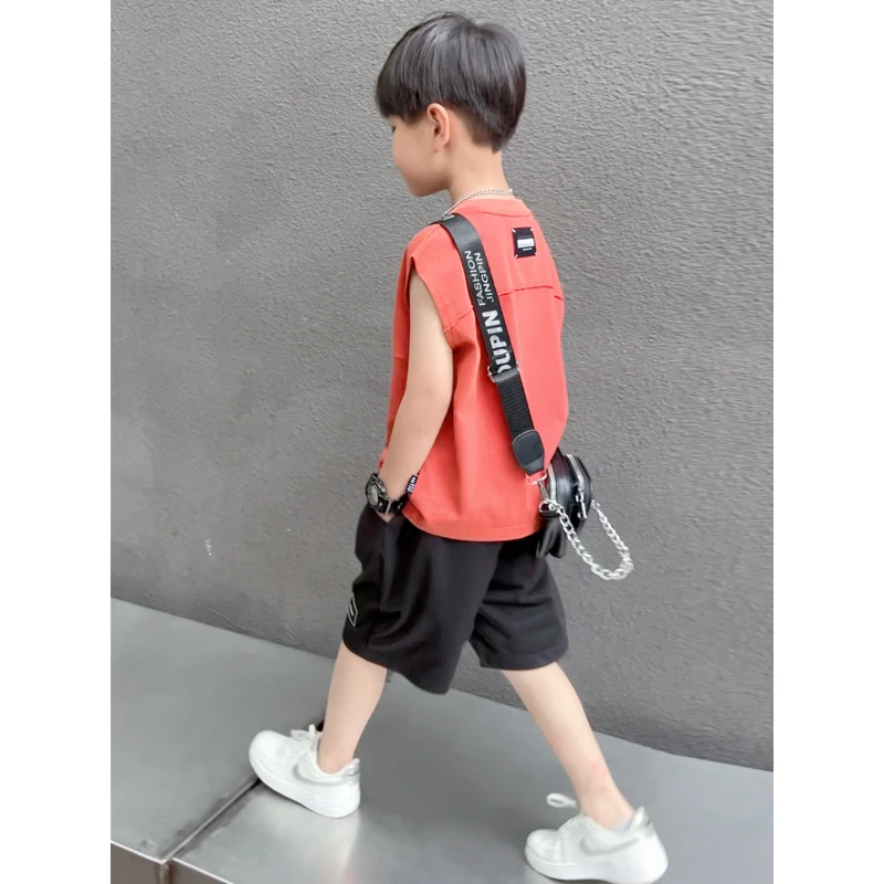 男童夏季无袖背心2024新款中小童运动休闲水洗T恤男孩薄款童装潮