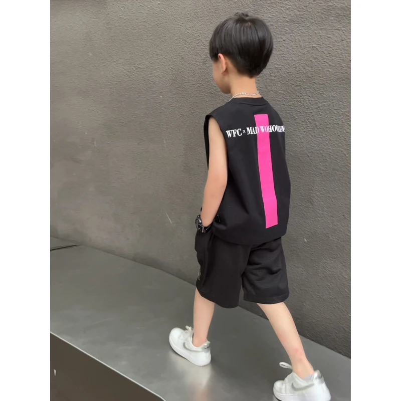 男童夏季薄款套装2024新款中小童背心短裤网纱T恤男孩帅气童装潮