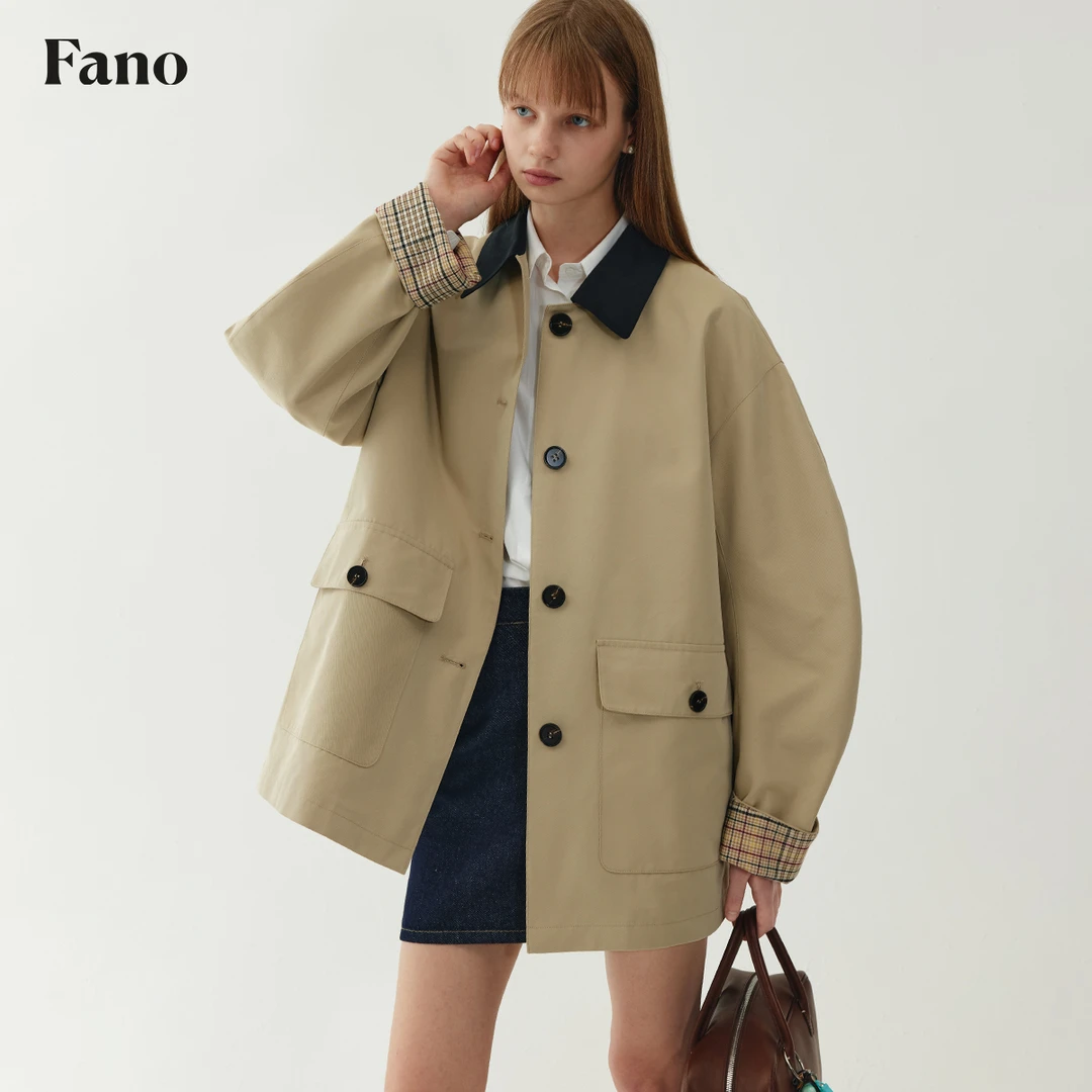 范洛高质感“复古格纹 弯刀袖”廓形翻领撞色短风衣FQ24W028推广5