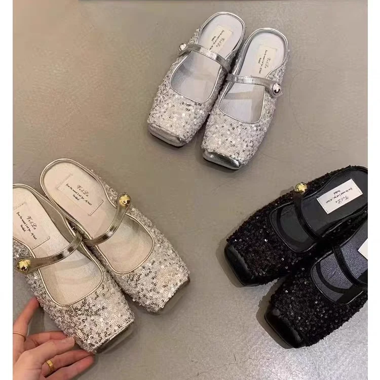 2024拼接新中式亮片一字带芭蕾舞包头半拖鞋女外穿豆豆鞋春夏平底