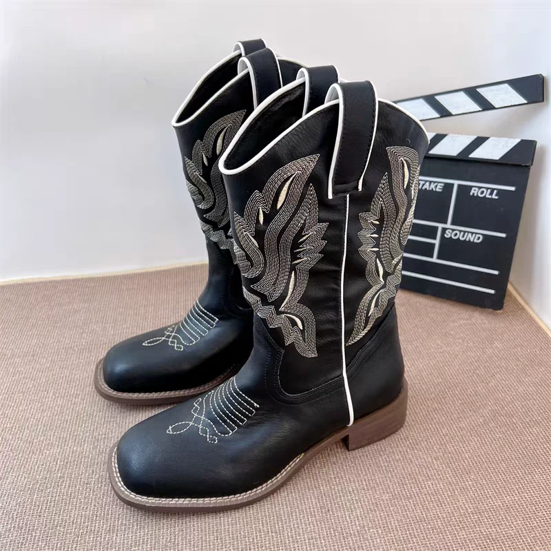 2024西部牛仔靴刺绣骑士靴切尔西马丁靴长筒美拉德靴子女新款夏天
