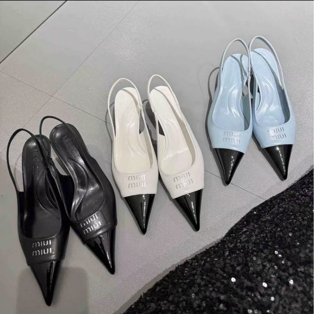 2024秋季百搭仙女风名媛尖头拼接浅口凉鞋女后空细跟高跟鞋单鞋夏