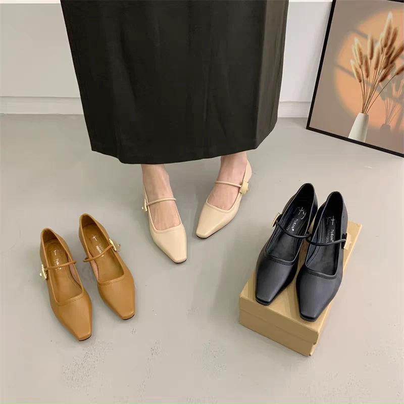 羊皮版！韩版尖头玛丽珍高跟鞋女一字扣带法式气质单鞋中跟晚晚鞋