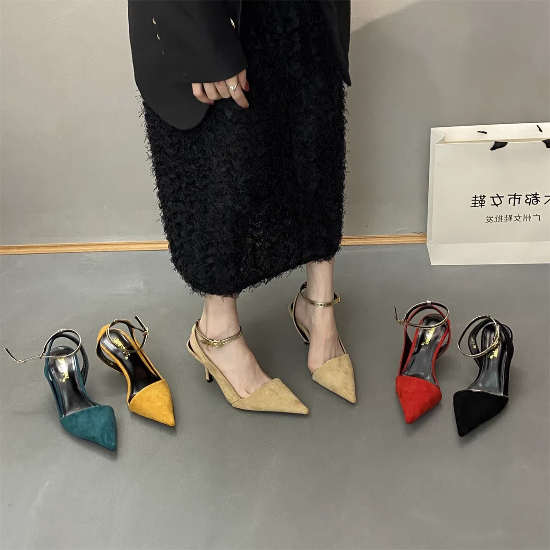 包头凉鞋女尖头中空单鞋2024夏季新款细跟一字带网红小清新高跟鞋