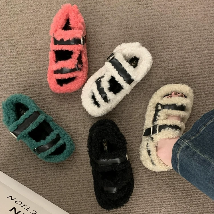 小众复古毛毛鞋女外穿2024冬季新款厚底网红爆款羊羔毛时尚棉拖鞋