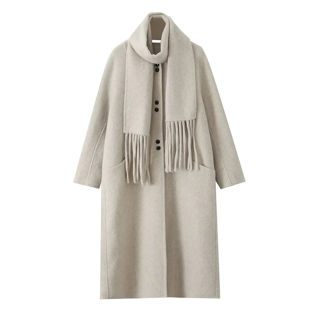 大码设计师款流苏围巾时尚宽松气质女士双面毛呢大衣823安迪专享