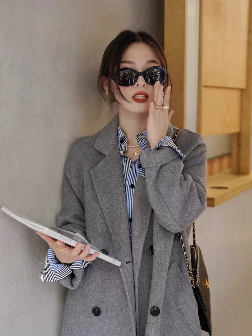 双面羊毛大衣外套女装秋冬新款宽松中长款双面呢大衣