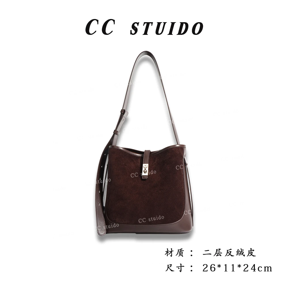 【尚恩CC】ZG-9694A-咖啡原创设计 高级水桶撞色真皮单肩斜挎包