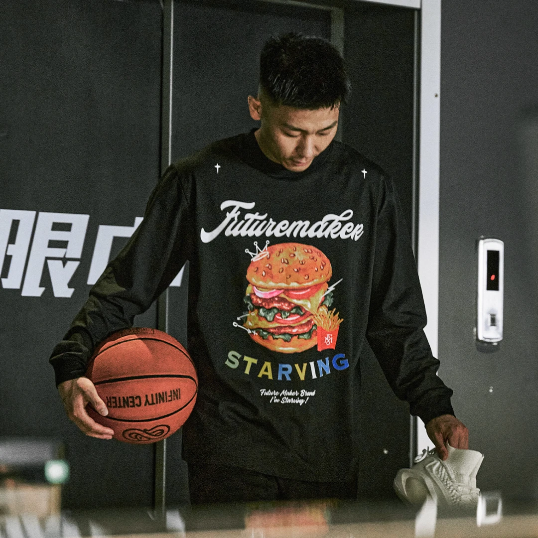FUTURE MAKER “汉堡”长袖运动T恤男索罗娜吸湿透气排汗印花上衣