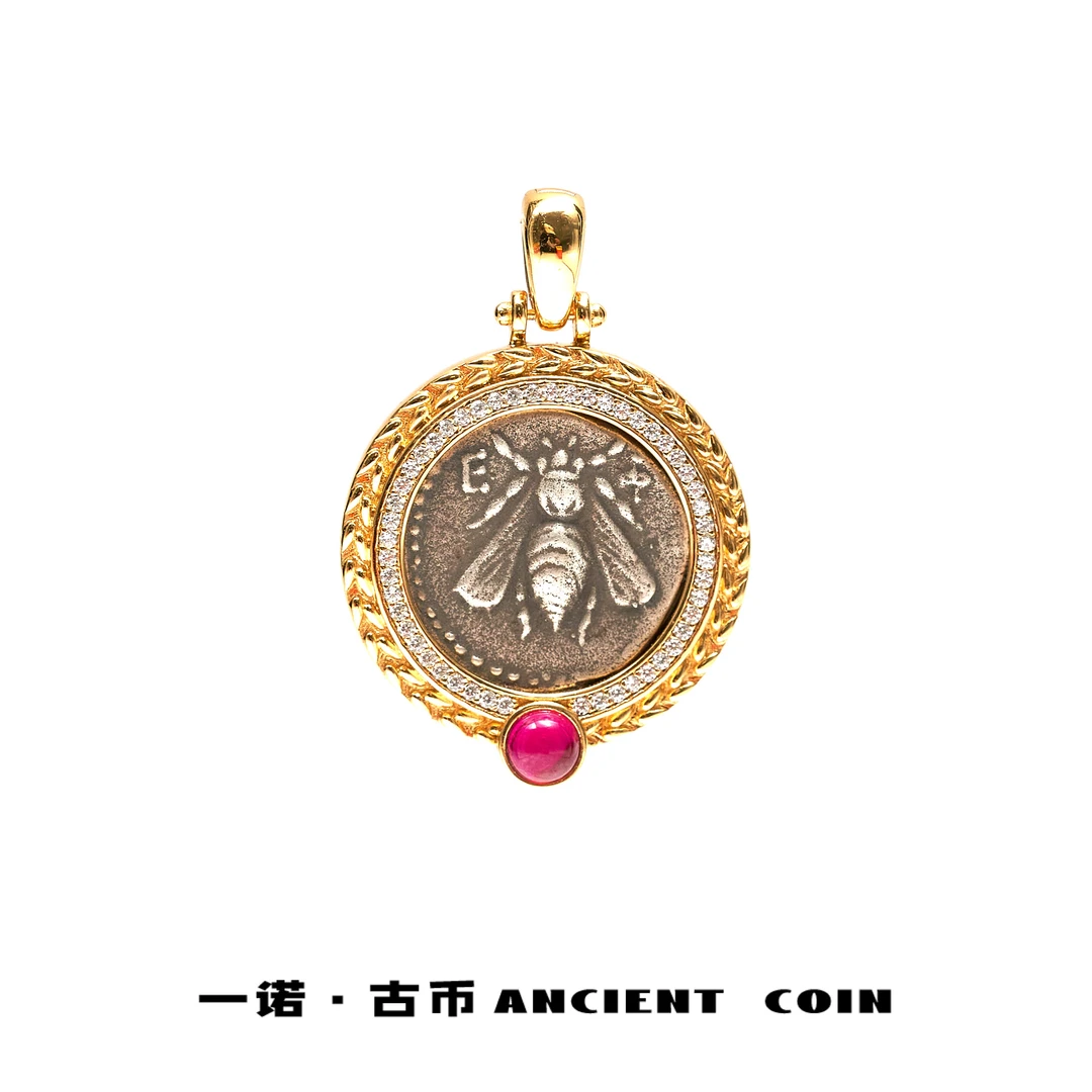 坠链均925银 【蜜蜂与鹿】GB-DZ107一路甜蜜红色培育宝复古风币吊坠