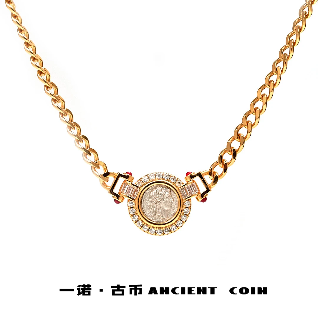 坠链均925银 【狄安娜】GB-XL010圈钻包边时尚古巴链复古风币项链