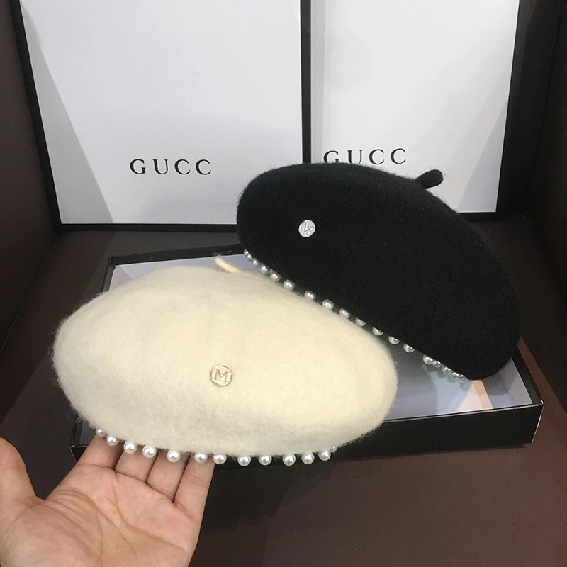 小香风贝雷帽女秋冬韩版时尚羊毛呢珍珠蓓蕾帽八角英伦软妹画家帽