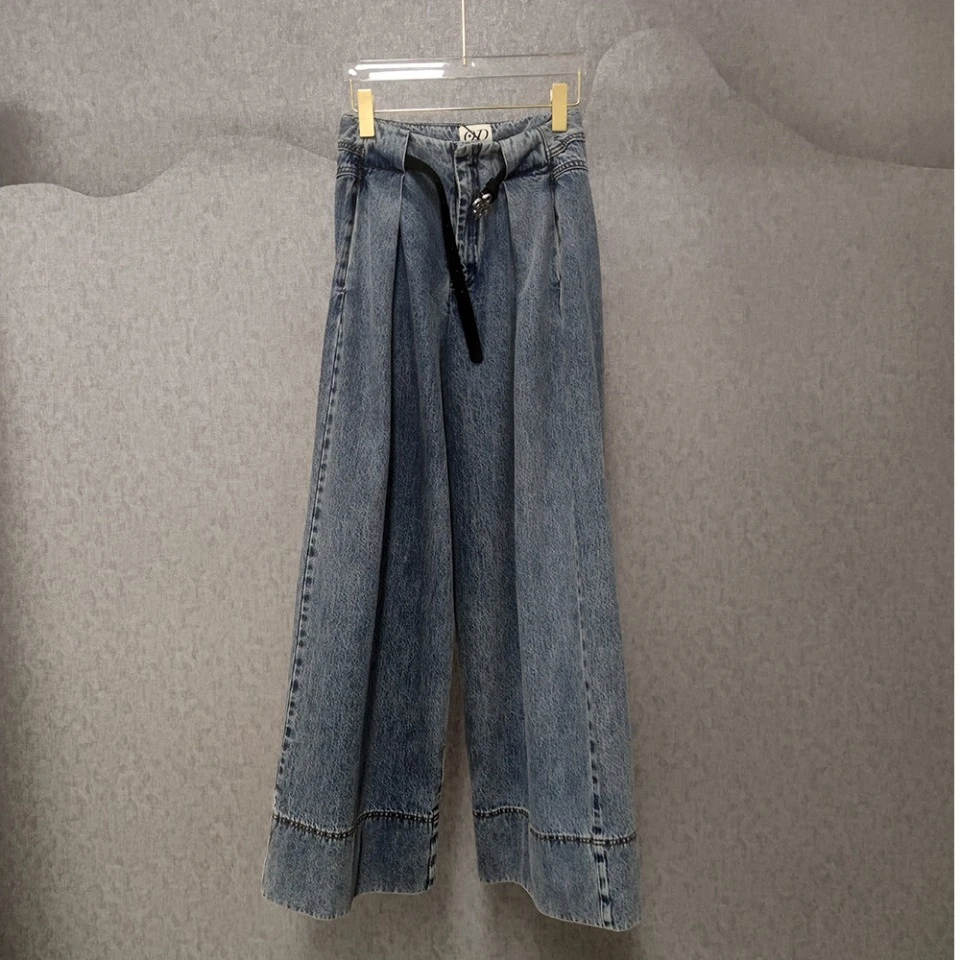23185-高腰直筒牛仔裤女压褶宽松显瘦阔腿裤