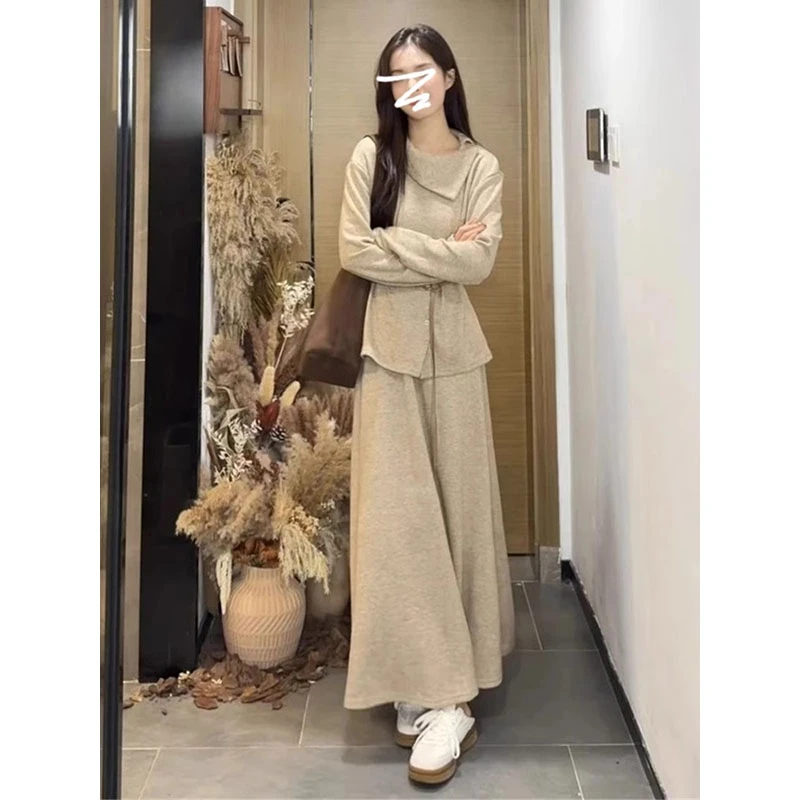 韩系小众慵懒风翻领加厚针织上衣女秋冬新款高腰卡其色半身裙套装