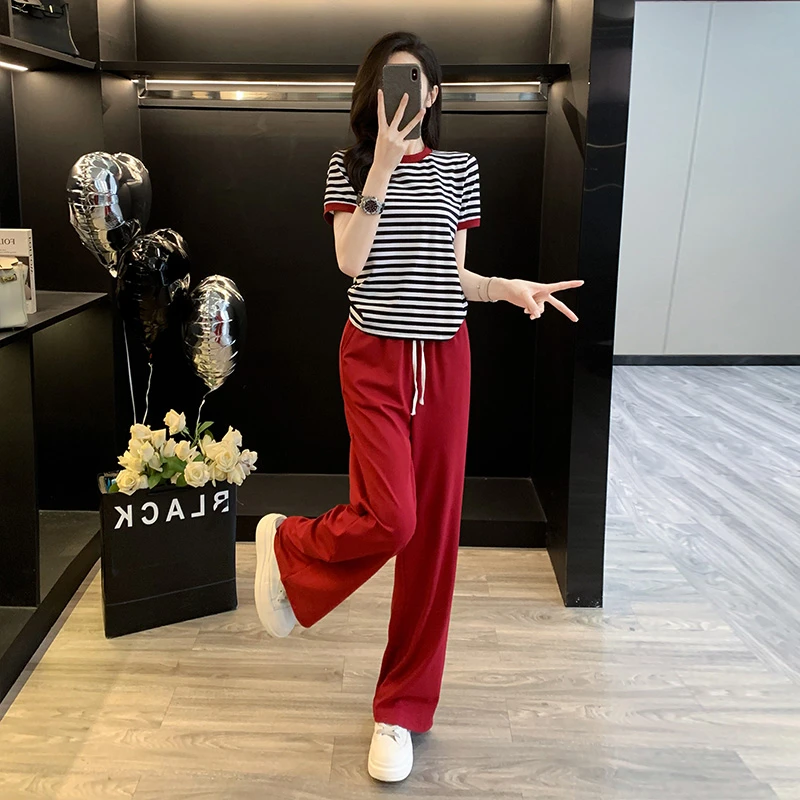 盐系穿搭休闲运动套装女夏季新款条纹短袖T恤阔腿裤洋气显瘦两件