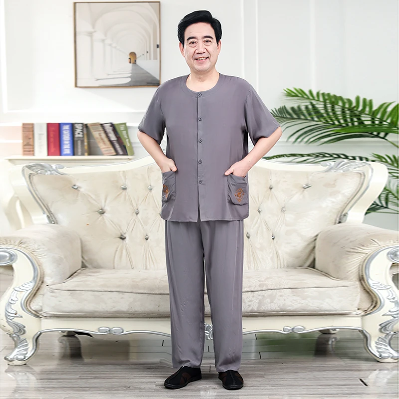 夏季睡衣套装老年人宽松短袖上衣长裤爸爸家居服男士大码薄两件套