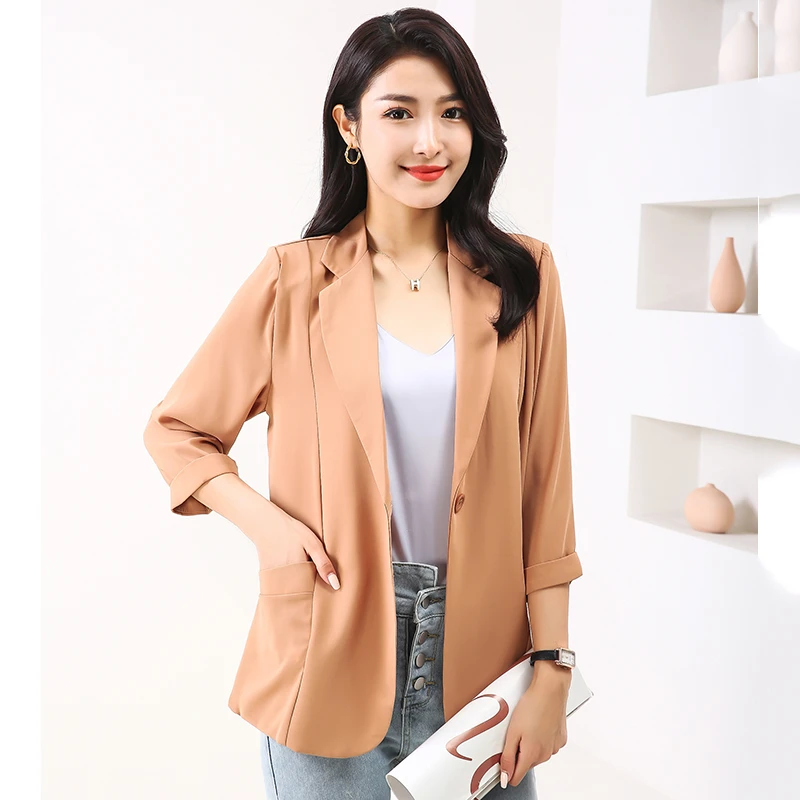 秋季妈妈装韩版时尚显瘦薄款外套纯色中袖休闲小西装女士上衣大码